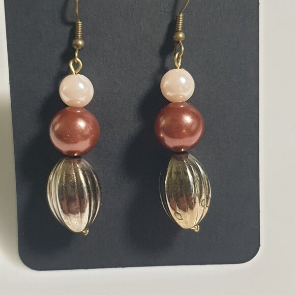Handmade Donovan Earrings Pearl Bead Gold Accent Dangle Hook 2.5 Inch Gift Work - Picture 2 of 4